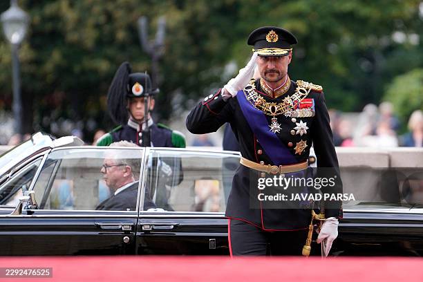 King Haakon VIII of Norway arrives for the oath-taking ceremony at the Storting in Oslo on September 1, 2026. Haakon became king when his father King...