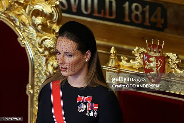 Crown Princess Ingrid Alexandra of Norway looks on after her father, King Haakon VIII of Norway swore an oath of allegiance to Norway's constitution...