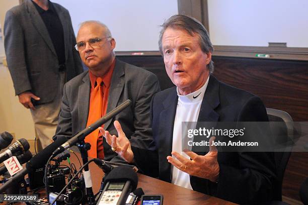 University of Texas president William Powers speaks during a press conference , Austin, Texas, September 14, 2012. Beside him is UT chief of police...