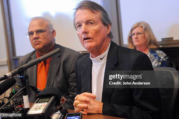 University of Texas president William Powers speaks during a press conference , Austin, Texas, September 14, 2012. Beside him is UT chief of police...