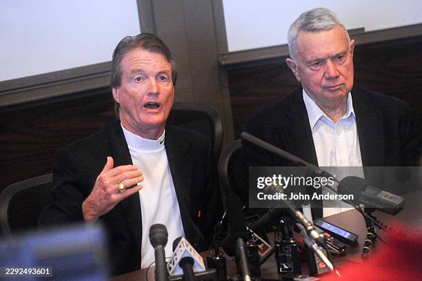 University of Texas president William Powers speaks during a press conference , Austin, Texas, September 14, 2012. Beside him is Austin Mayor Lee...