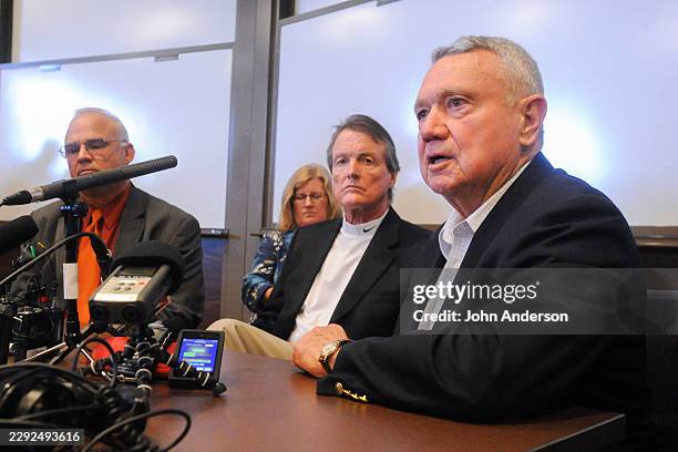 View of Austin Mayor Lee Leffingwell speaks during a press conference , Austin, Texas, September 14, 2012. Among those also pictured are UT chief of...