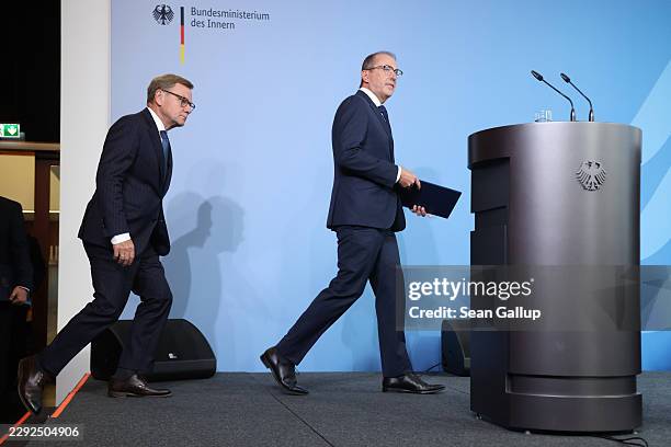 German Foreign Minister Johann Wadephul and Interior Minister Alexander Dobrindt arrive to speak speak to the media to announce Germany's response to...