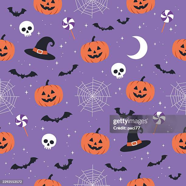 cute halloween seamless pattern with pumpkins, skulls and witch hats - halloween pattern stock illustrations