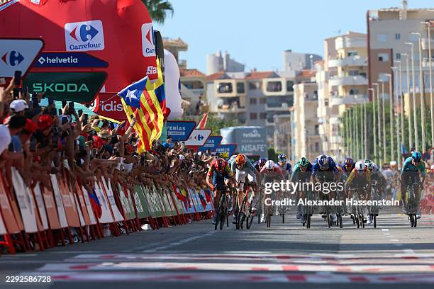 Mads Pedersen of Denmark and Team Lidl - Trek, Jordi Meeus of Belgium and Team Red Bull - BORA - hansgrohe and stage winner Bryan Coquard of France...