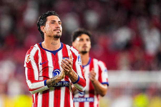 Jose Maria Gimenez of Atletico de Madrid gestures during the Spanish league, LaLiga EA Sports, football match played between Sevilla FC and Atletico...