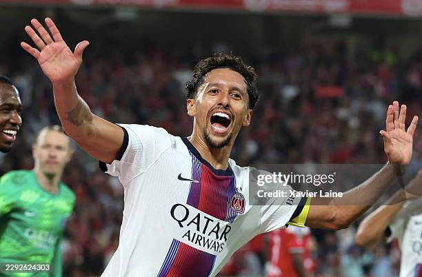 Captain of Paris Saint-Germain, Marquinhos celebrates his goal of equalizing in extra time during the Ligue 1 McDonald's 2026/27 match between LOSC...