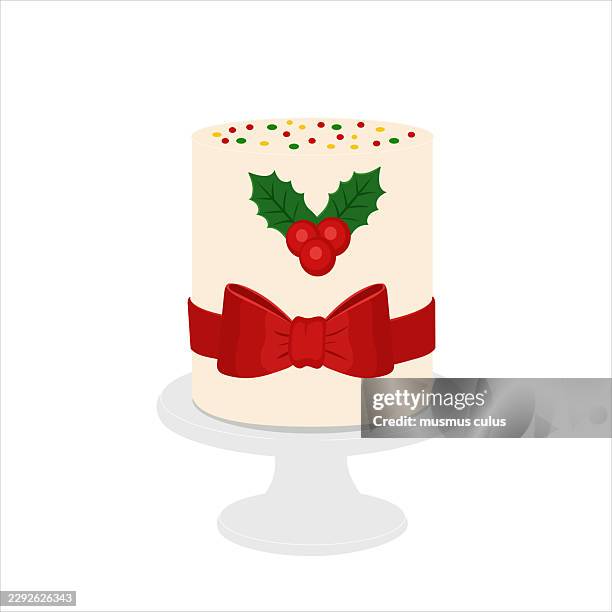 christmas cake with red bow and holly decoration - empty cake stand stock illustrations