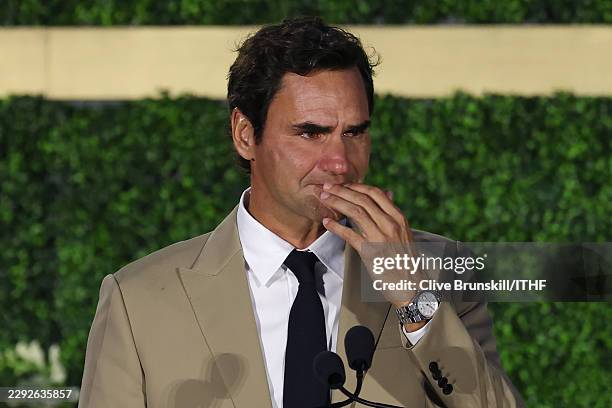 Inductee Roger Federer reacts while delivering his speech during the International Tennis Hall of Fame 2026 Induction Ceremony on August 29, 2026 in...