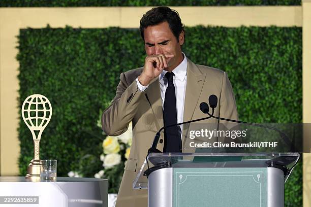 Inductee Roger Federer reacts while delivering his speech during the International Tennis Hall of Fame 2026 Induction Ceremony on August 29, 2026 in...