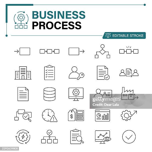 business process editable stroke line icon set – workflow, flow chart, process improvement, quality control and automation - business process workflow stock illustrations