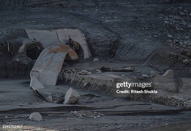 View of damaged tunnel of the Trishuli Hydropower Plant on the banks of the swollen Trishuli River following landslides on August 30 in Trishuli,...