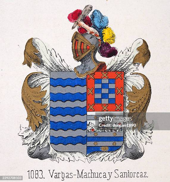 medieval heraldry, coat of arms, shield with, helmet, visor, blue, waves, silver, checked, spanish, vintage illustration - helmet visor stock illustrations