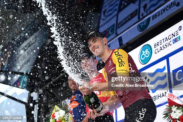 Alex Aranburu of Spain and Team Cofidis celebrates at podium as race winner during the 90th Bretagne Classic CIC - Men Elite 2026 a 228km one day...
