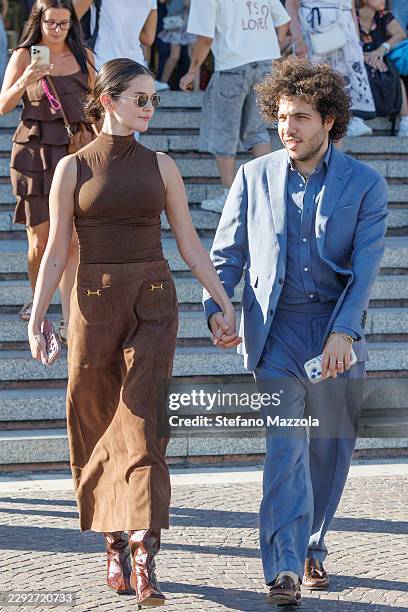 Selena Gomez and Benny Blanco step off the Orient Express upon their arrival at Santa Lucia railway station on August 30, 2026 in Venice, Italy.