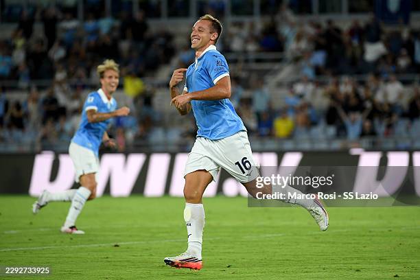 Davide Frattesi of SS Lazio celebrates after scoring an opening goal during the Serie A match between SS Lazio and Genoa CFC at Stadio Olimpico on...