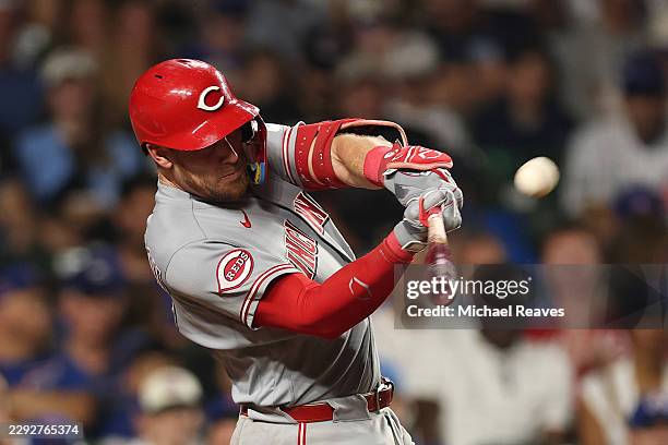 Tyler Stephenson of the Cincinnati Reds hits a home run during the fifth inning against the Chicago Cubs at Wrigley Field on August 30, 2026 in...