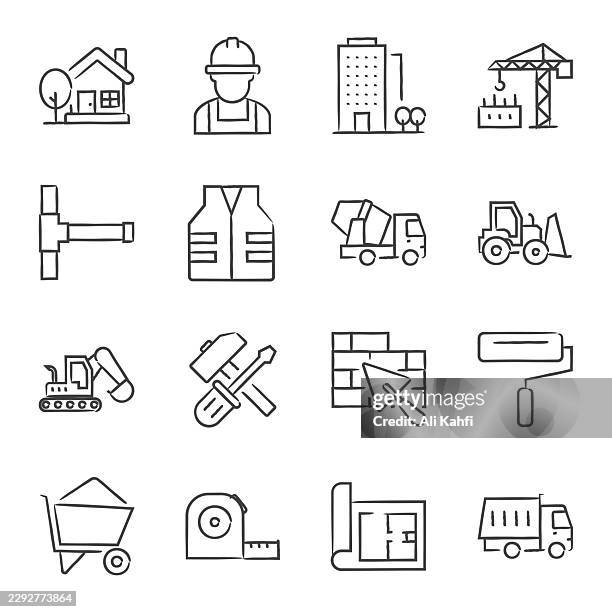 construction doodle icons collection - construction hoarding stock illustrations