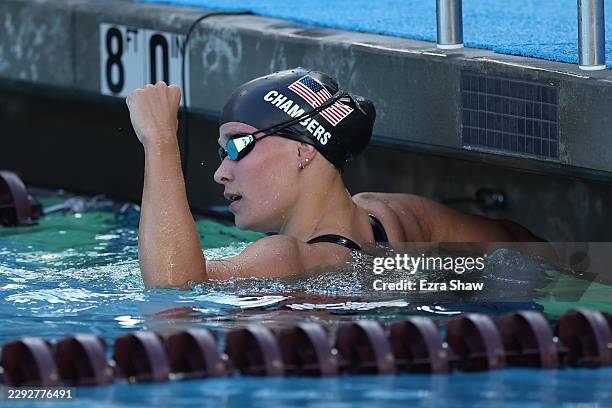 Olivia Chambers of Team USA reacts after finishing the Women's 50 Meter Freestyle S4 8 11, 13 B-Final during Day 3 of the 2026 Para Pan Pacific...