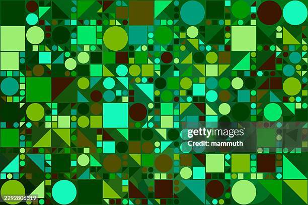 abstract geometric pattern, interlocking circles, squares, triangles, vibrant green tones, modern digital mosaic. - interlocking circles stock illustrations