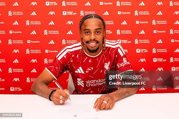 Bradley Barcola new signing of Liverpool at AXA Training Centre on August 30, 2026 in Kirkby, England.