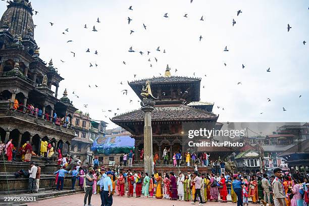 Hindu devotees celebrate Krishna Janmashtami, marking the birth of Lord Krishna, at the Krishna Mandir in Patan Durbar Square, Lalitpur, Nepal, on...