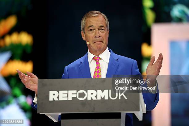 Reform UK Party Leader Nigel Farage speaks during a special tribute to Ann Widdecombe on the first day of the Reform Party conference at National...