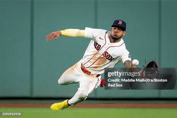 Ceddanne Rafaela of the Boston Red Sox makes a diving catch during the sixth inning of a game against the Seattle Mariners August 31, 2026 at Fenway...