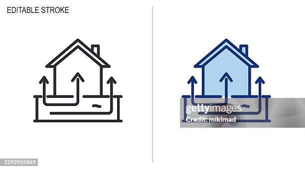 home ventilation icon set – editable stroke vector design showing house with upward arrows representing airflow, energy efficiency and sustainable heating concepts - airflow stock illustrations