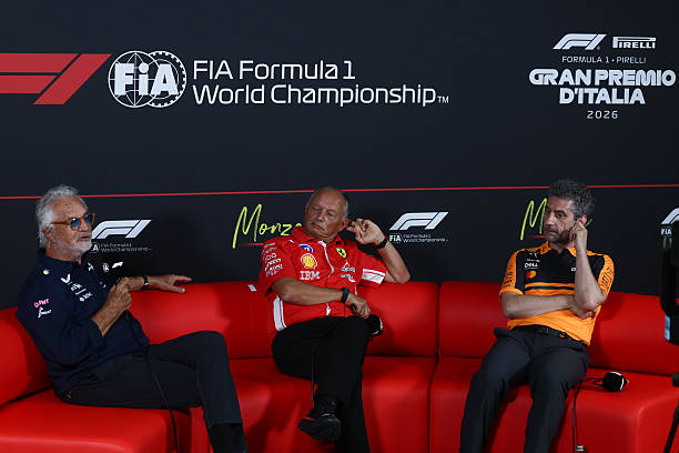 Flavio Briatore, Frederic Vasseur and Andrea Stella during the press conference ahead of the Formula 1 Italian Grand Prix at Autodromo Nazionale di...