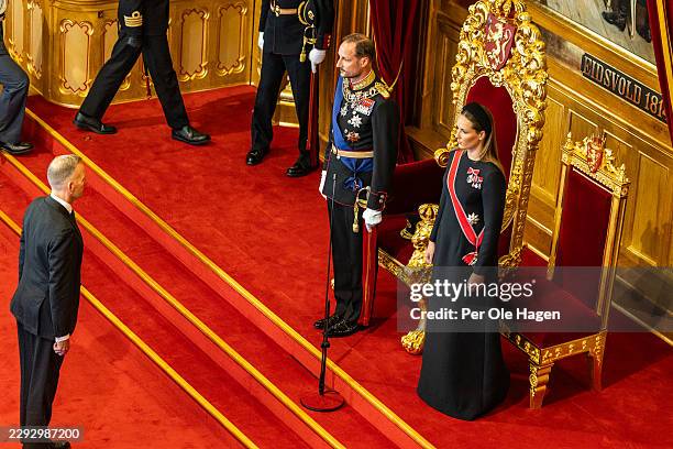 King Haakon VIII of Norway and and Crown Princess Ingrid Alexandra at the Oath Of Allegiance Ceremony at Stortinget on September 01, 2026 in Oslo,...