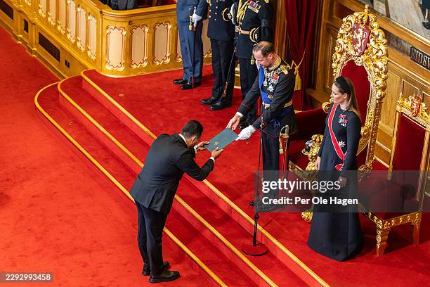 President of the Storting Masud Gharahkhani, King Haakon VIII and Crown Princess Ingrid Alexandra of Norway at the Oath Of Allegiance Ceremony at...