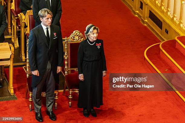 Prince Sverre Magnus and Queen Sonja of Norway at the Oath Of Allegiance Ceremony at Stortinget on September 01, 2026 in Oslo, Norway. The new King...