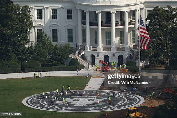Construction of the new helipad continues at the White House on September 01, 2026 in Washington, DC. The new helipad has been under construction for...