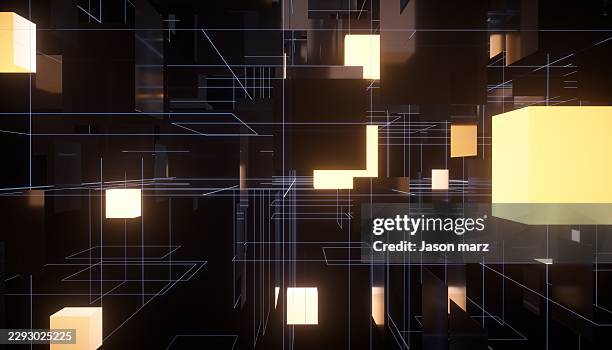 abstract digital geometric cubes and wireframe network on dark background - science technology engineering art math stock pictures, royalty-free photos & images
