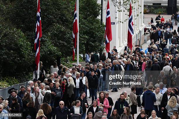 People stand in line to pay tribute to the late King Harald V in Oslo, Norway, on September 4, 2026.