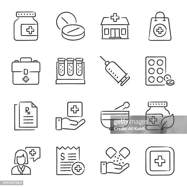 pharmacy doodle icons collection - icon collage stock illustrations