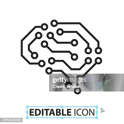 Artificial intelligence brain with circuit board - Line editable icon on white background Artificial intelligence brain with circuit board - Line editable icon on white background