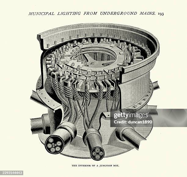 history, electrical engineering, interior of junction box for municipal lighting from underground mains, vintage illustration 19th century 1890s - electrical enclosure stock illustrations
