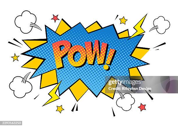 comic book bang pow superhero explosion background with lightning, smoke, starburst, halftone and speech bubble, retro pop art vector illustration for poster, web banner and design - explosion smoke cloud stock illustrations