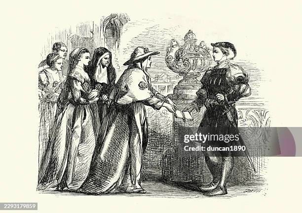 bertram confronted by helena, the widow, act 5, all's well that ends well, play by william shakespeare, vintage illustration by john gilbert - widow stock illustrations