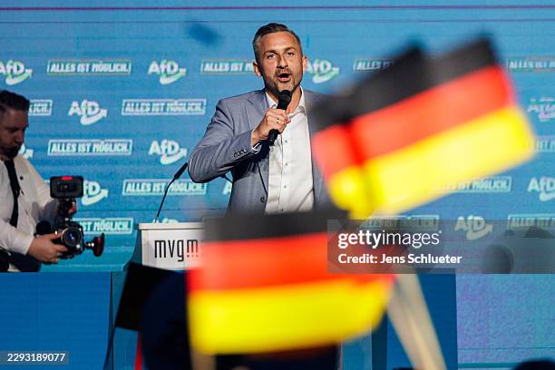 AfD lead candidate Ulrich Siegmund of the far-right Alternative for Germany political party, speaks to supporters during the final campaign rally on...