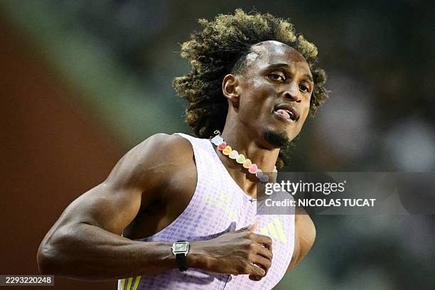 Brazil's Alison Dos Santos celebrates after winning the men's 400m Hurdles final during the World Athletics Diamond League athletics meeting at the...
