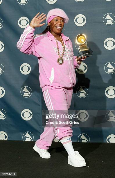 Winner for Best Female Rap Solo Performance, Missy Elliot, poses backstage during the 45th Annual Grammy Awards at the Madison Square Garden on...