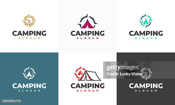 set of camping logo symbol. compass with camp tent vector logo template illustration design stock illustration - summit logo stock illustrations