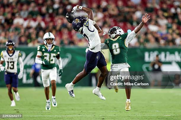 Kyle McNeal of the Florida International Panthers cannot make the catch under the defense of Amarion Fortenberry of the South Florida Bullsduring the...