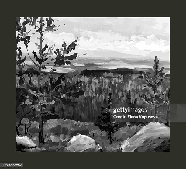forest expanses, gouache vector black and white painting by the author. - big picture stock illustrations
