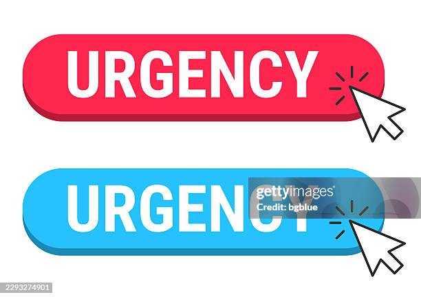 urgency - red and blue buttons with cursor on white background - urgent need stock illustrations
