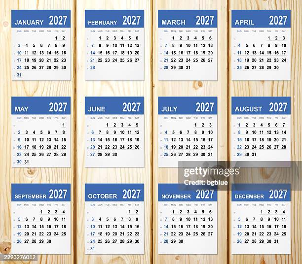 2027_calendar_blue_wood - post it notes wall stock illustrations