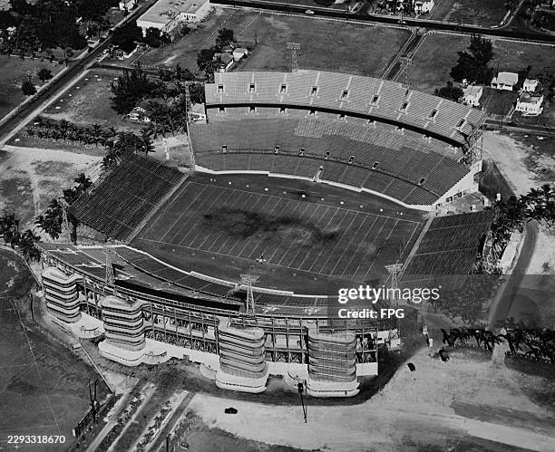An aerial view of the Miami Orange Bowl in the Little Havana neighbourhood of Miami, Florida, circa 1955.